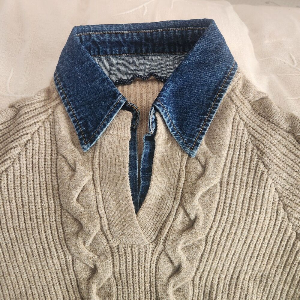 NWT COMMENSE Denim Collar Layered Sweater Beige Knit Sweater XS oversized fit - Picture 8 of 8